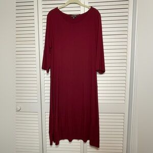 Eileen Fisher Knit Dress Burgundy 3/4 Sleeve Size XL Asymmetrical Seams Boatneck